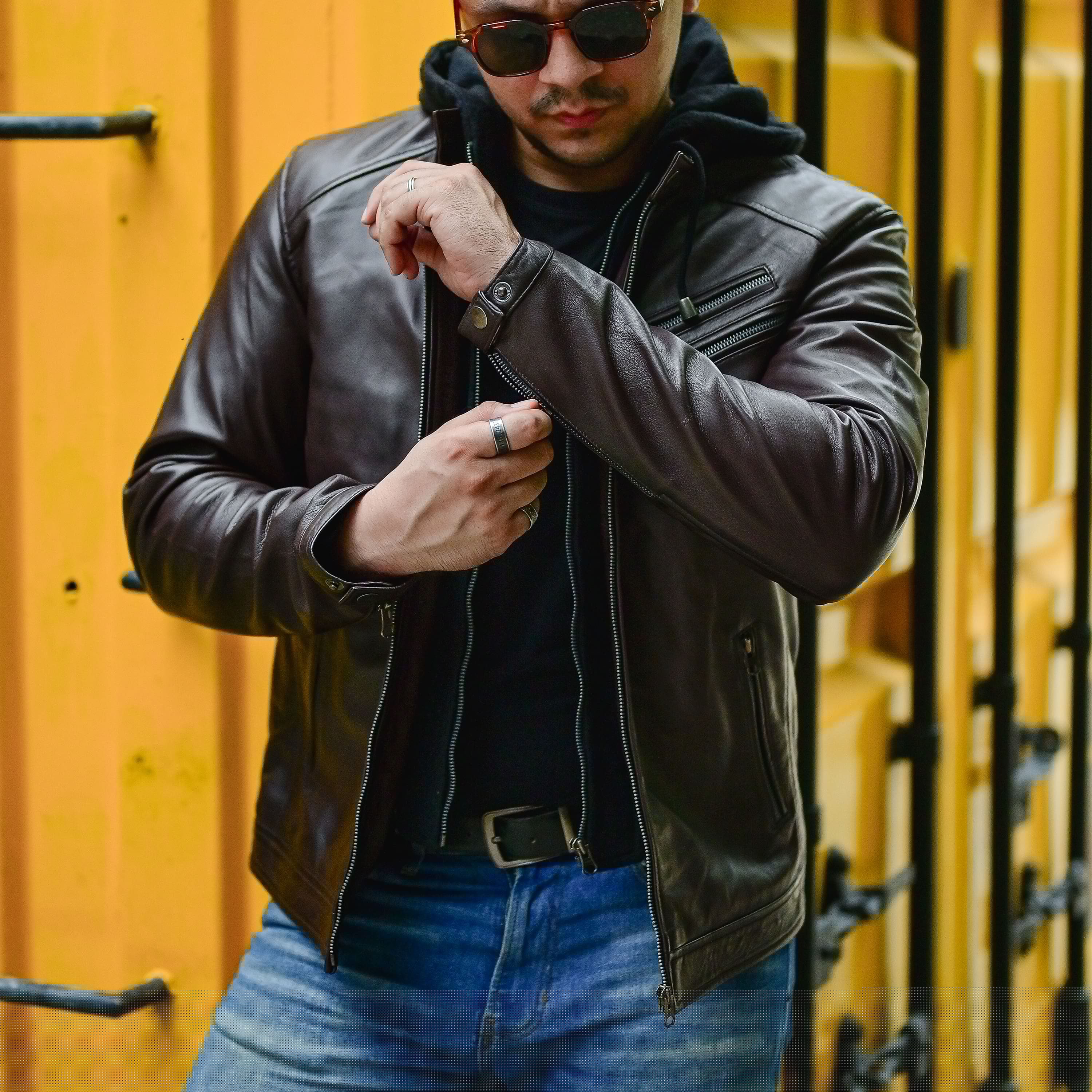 Mens Black Casual Hooded Vintage Leather Jacket with Removable Hood